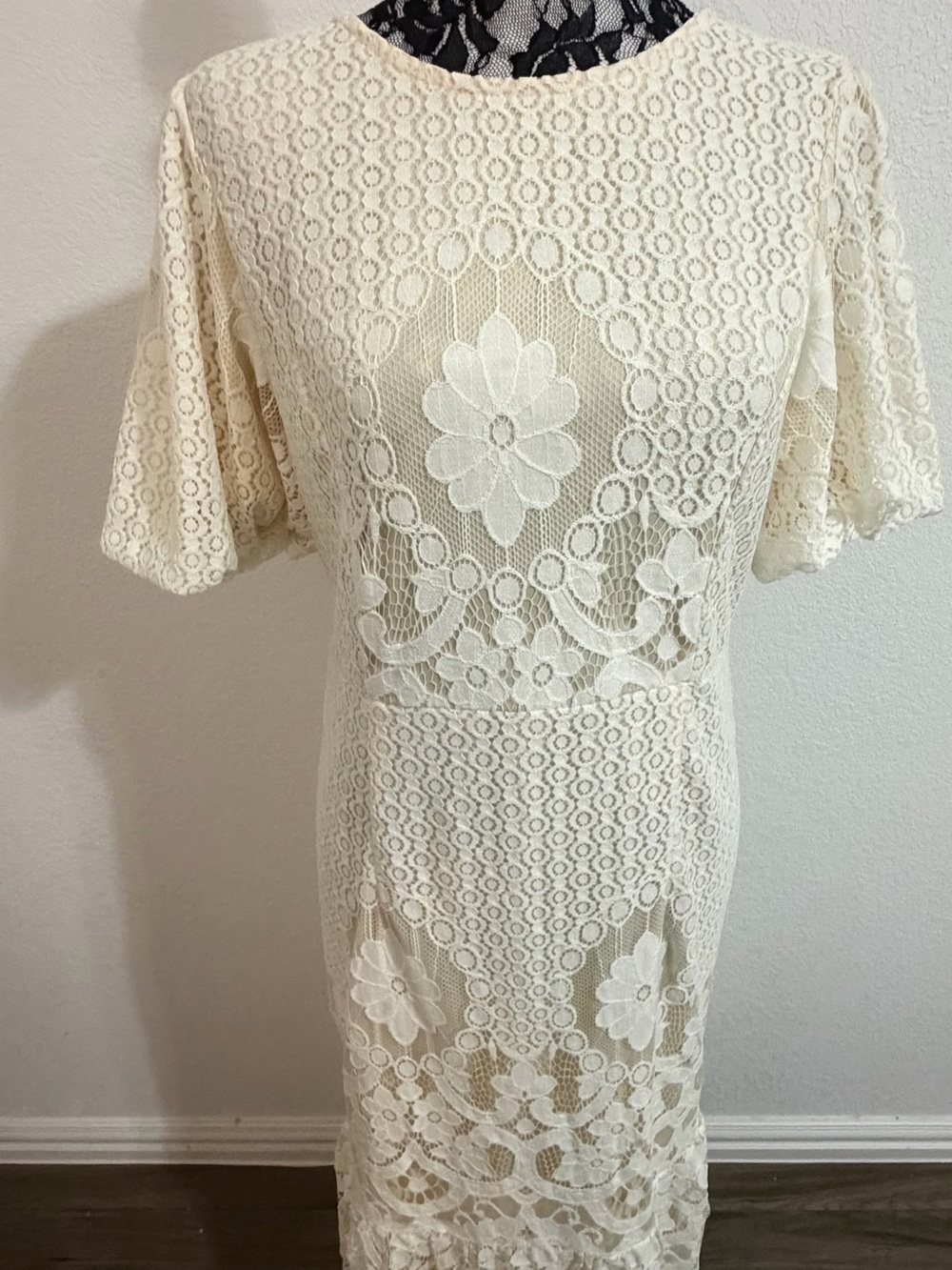 Ivory Lace Midi Dress with Floral Appliqué
